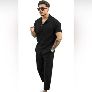 Amazon Men's 2 Pieces Shirt Set Short Sleeve Button Down Shirt Beach Pants